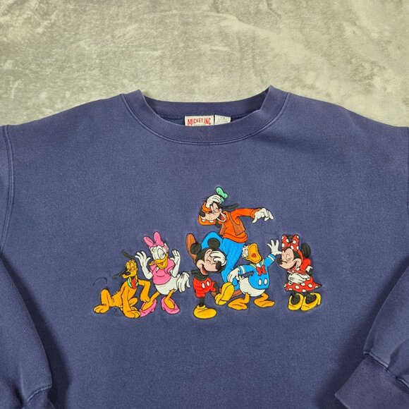 Vtg Disney Sweatshirt Mens M Blue Embroidered Goofy Mickey Minnie Pluto 90s - Picture 4 of 8